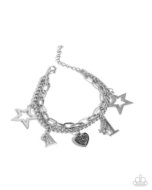 Team Spirit - White Rhinestone Embellished Sporty-Inspired Silver Charms Paparazzi Tennis Bracelet - Toolbox of Bling