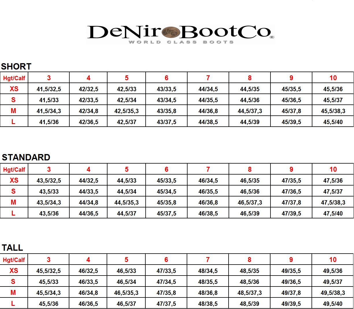 Deniro Boot Size Chart