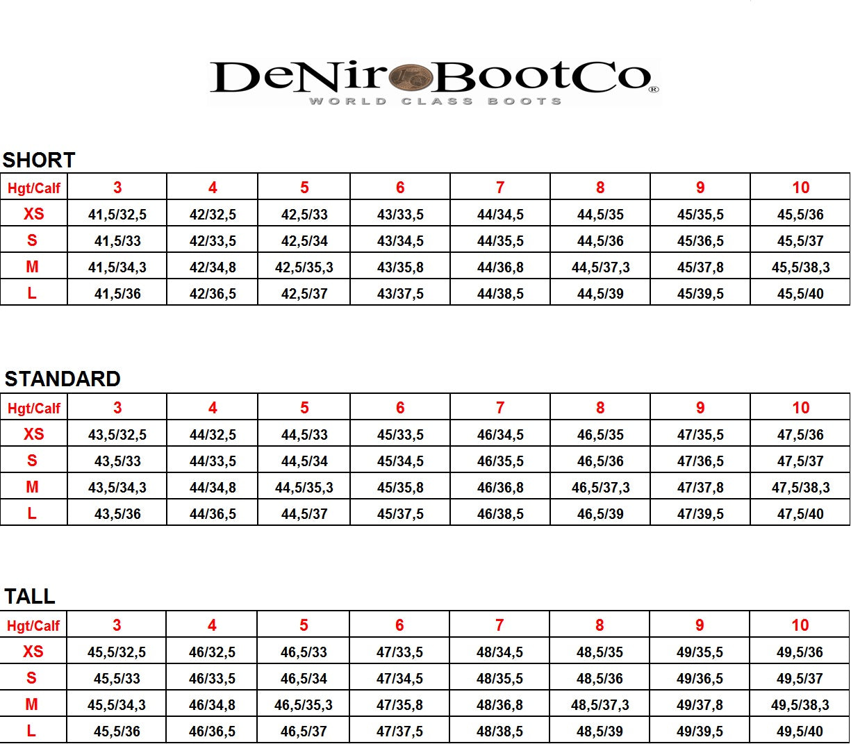 Calf Size Boots Chart