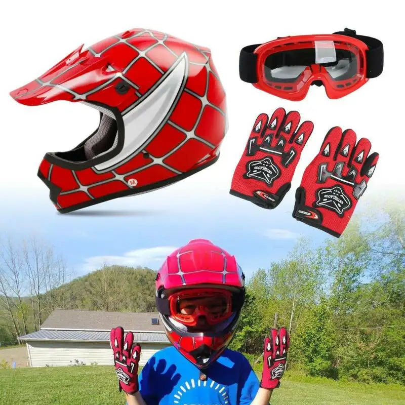 Kids Cycling Full Face Red Spider Net Motocross Off-Road ATV Safety Protector Helmet
