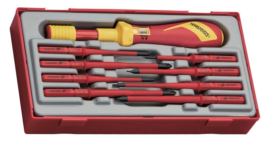 Teng Tools 9 Piece 1000 Volt Torque Screwdriver & Slotted, Phillips (PH), Pozidriv (PZ) Interchangeable Blade Set - TTVSD09