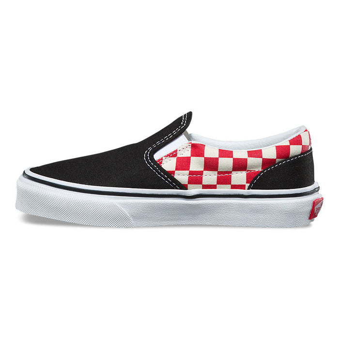 red and black checkerboard slip on vans