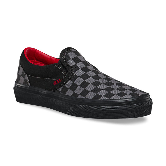 gray and black checkered slip on vans