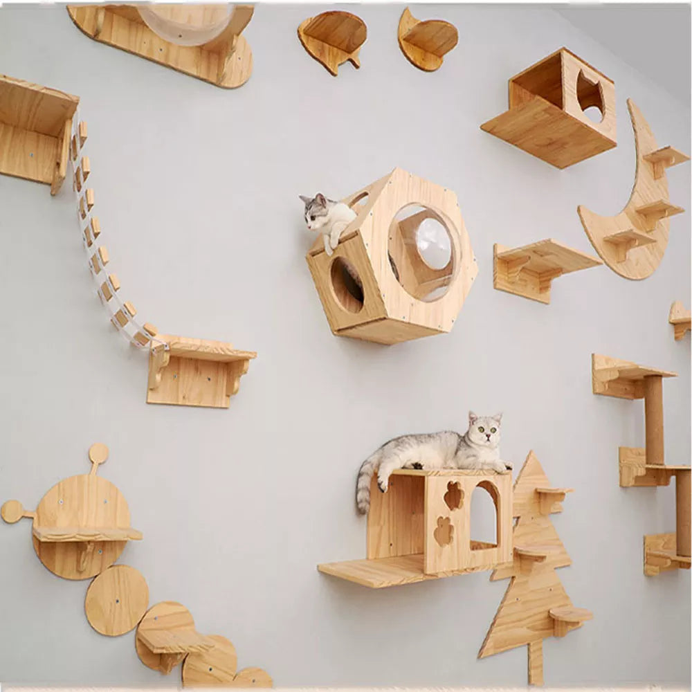 Wall Mounted Cat Climbing Frame Cat Tree Solid Wood Cat Jumping Platform Wall DIY Pet Furniture Kitten Springboard Various Size