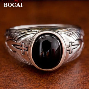 BOCAI New Real S925 Silver Jewelry Vintage Thai Angel Wing Cross Natural Black Agate Men and Women Rings Trendy Birthday Gifts - New Life Trends and More 