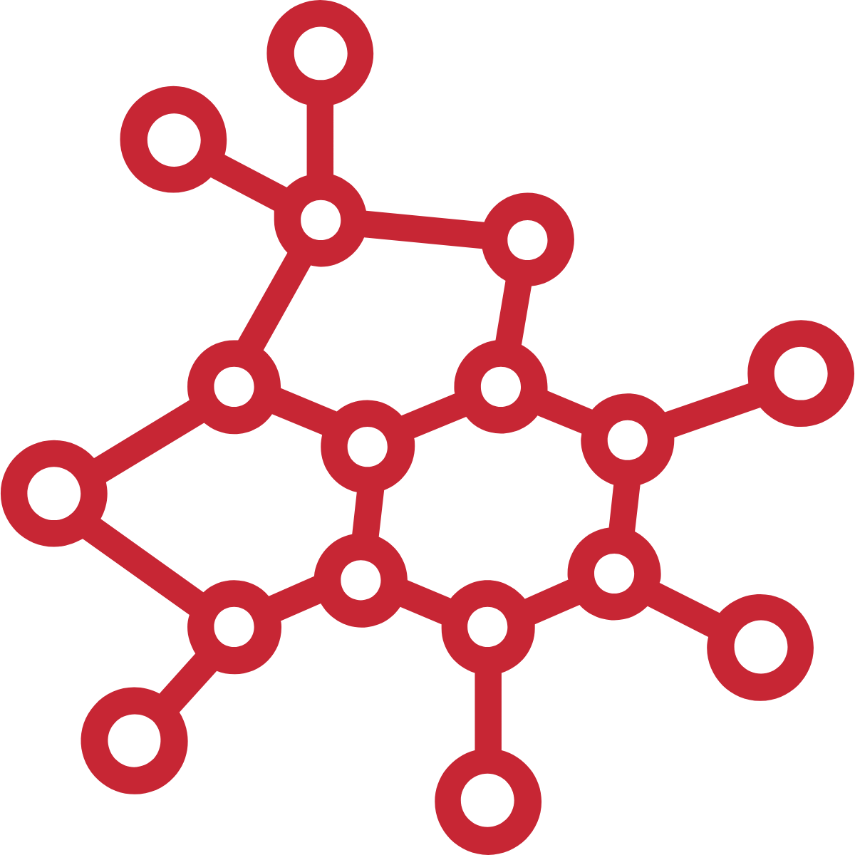 An illustration of a red molecular structure on a black background.