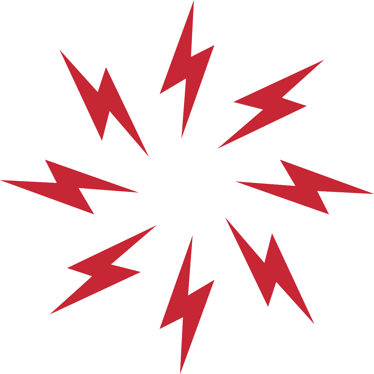 Stylized black starburst with red lightning bolt shapes on a transparent background.