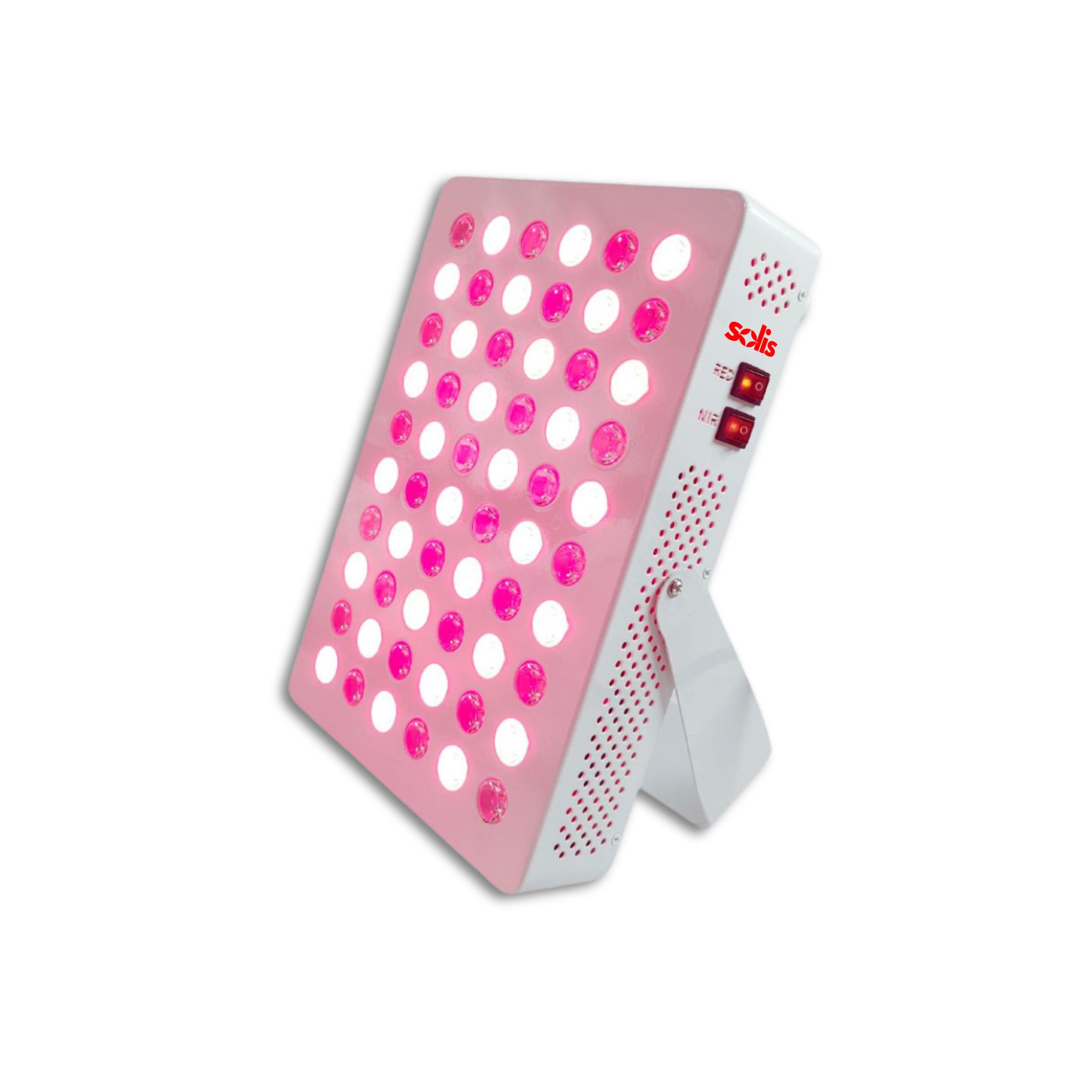A pink LED light therapy device on a black background.
