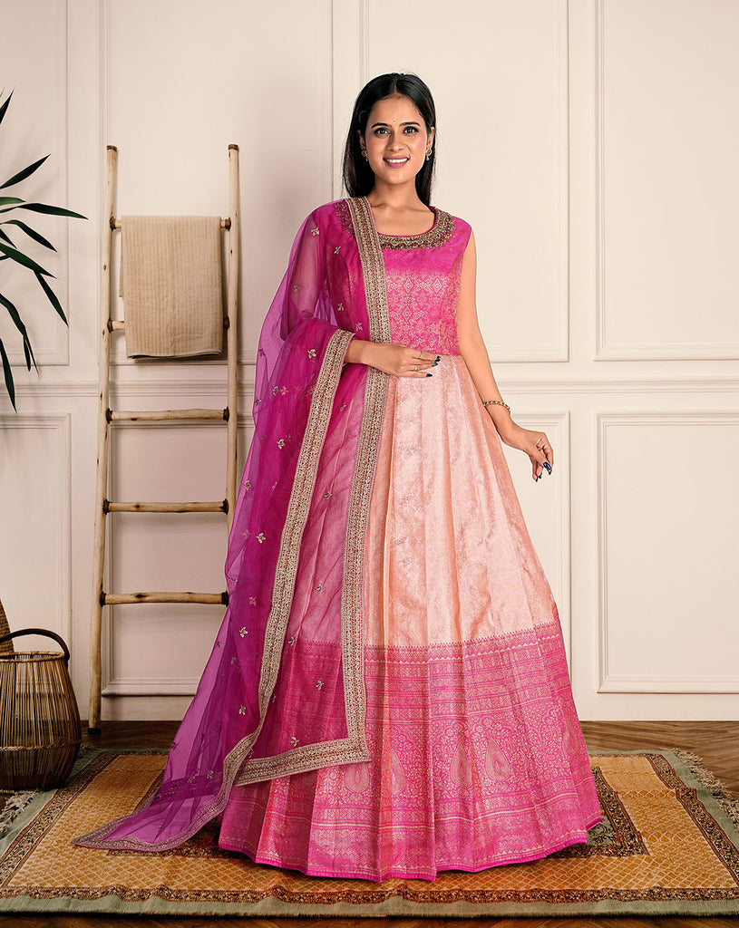 Buy HALFSAREE STUDIO Peach Banarasi silk Zari Woven Long Gown Online at  Best Prices in India - JioMart.