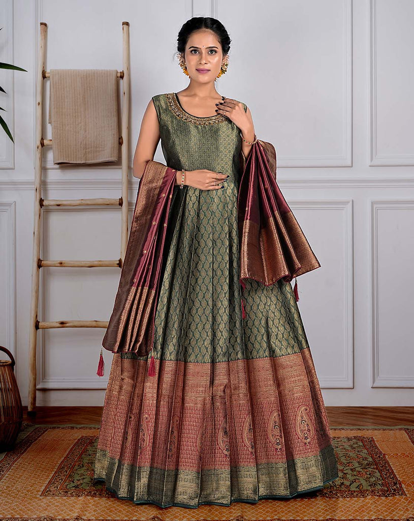 Golden Tussar Eri Silk and Banarasi Brocade Waist Cut-out Women Gown –  Dharang