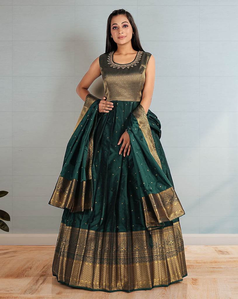 Gown : maroon banarasi silk designer embroidered wedding ...