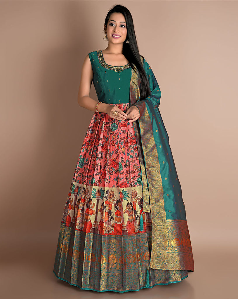 kalamkari printed flared pleated gown with dupatta