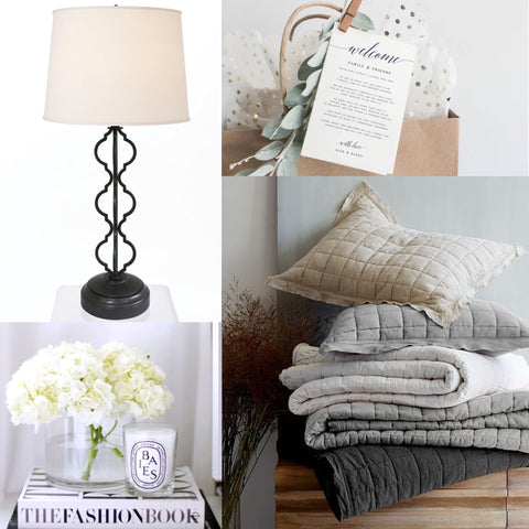 collage of accessories for a cozy guest bedroom