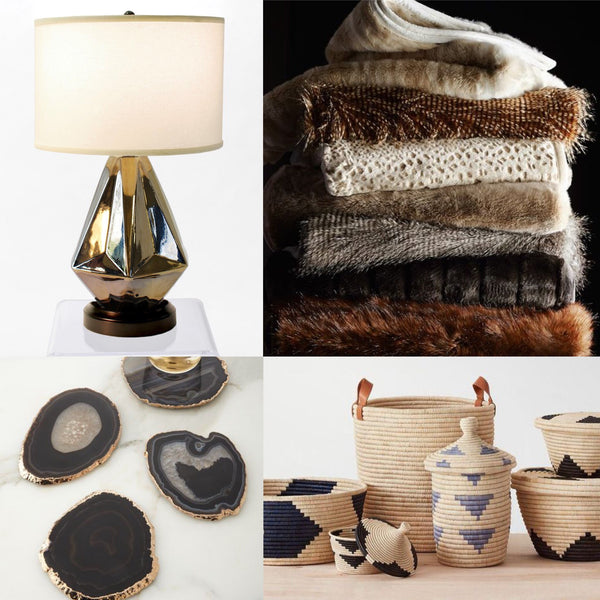 collage of lamp, blankets, coasters, baskets