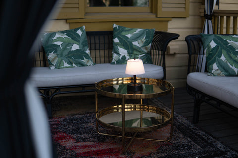 modern lantern mini lamp bronze linen shade coffee table outdoor
