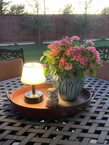 modern lantern mini lamp bronze linen shade outdoor tray