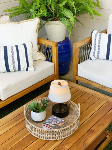 modern lantern mini lamp bronze linen shade coffee table outdoor