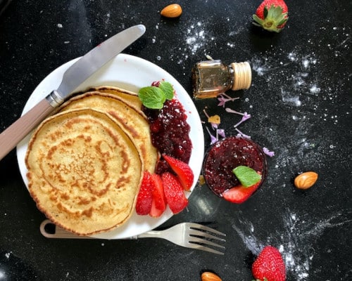 Cranberry strawberry jam and pancakes