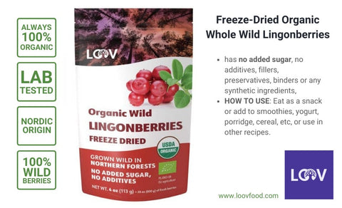 Freeze-dried wild lingonberries contain no added sugar