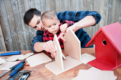 Father and son building bird house