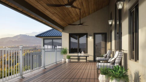 Deckorators Vista Decking in Ironwood with mountain view and two chairs
