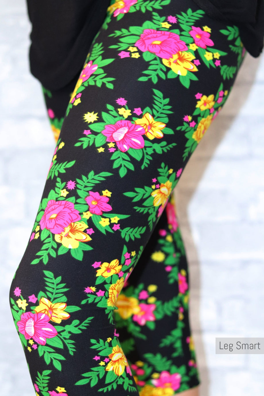Green and Black, Summer Greenery, Colorful Floral Leggings