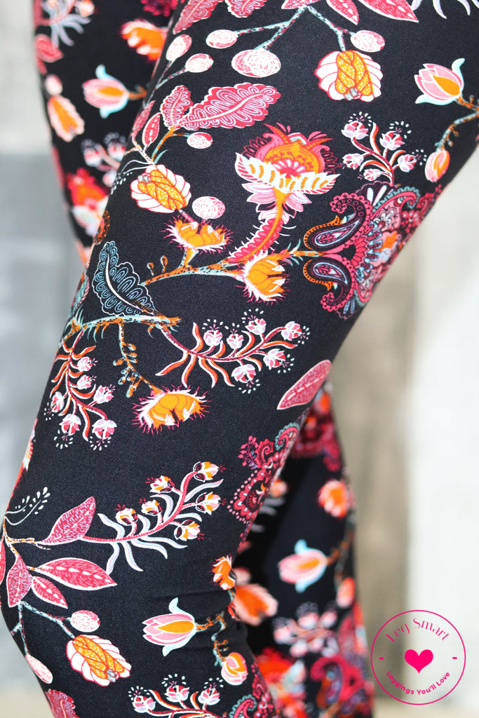 black with bold large pink flower pattern floral leggings