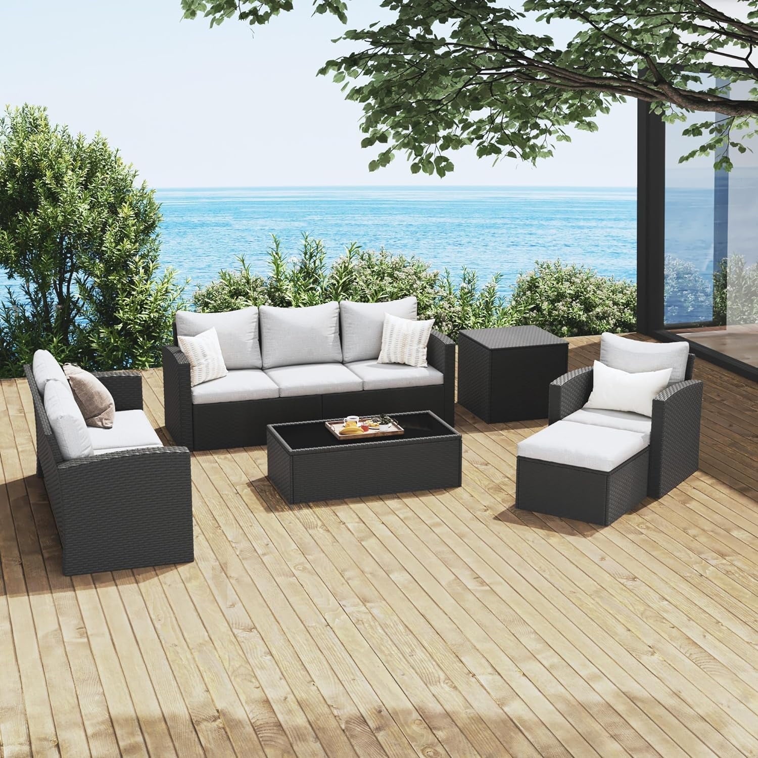 Royalcraft 9 Pieces Patio Furniture Sets, All-Weather Outdoor Sectional Sofa Wicker Rattan Couch Modern Conversation Set with Storage Box, Coffee Table and Grey Cushion