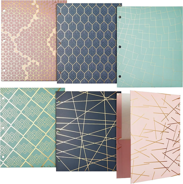 6 Pack of Geometric Design Folders with Gold