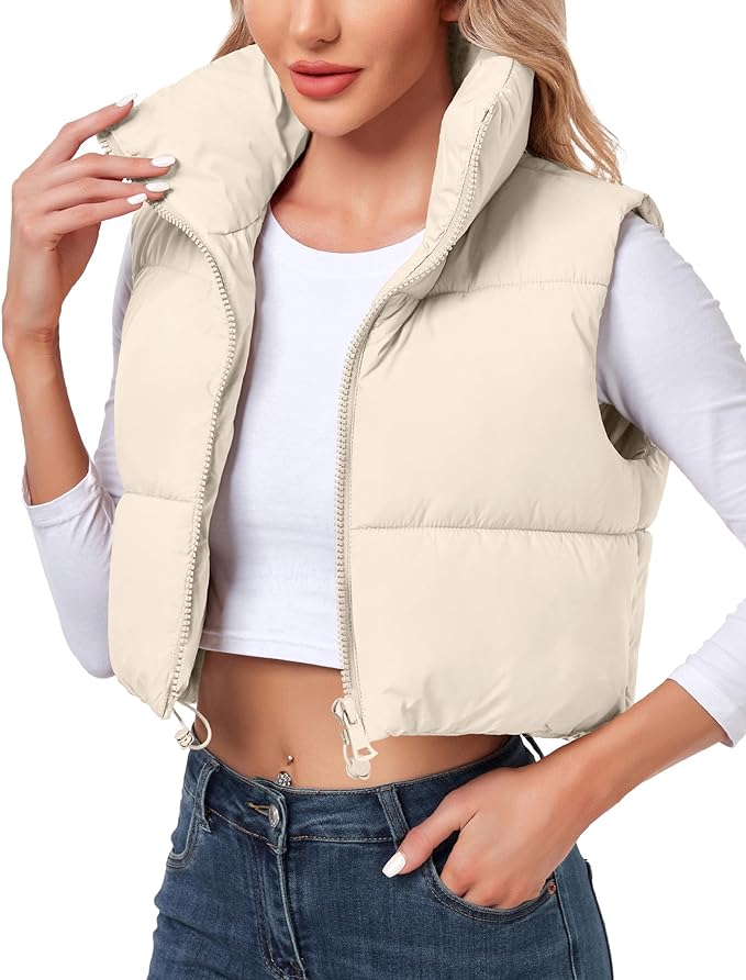 Crop Puffer Vest in Cream