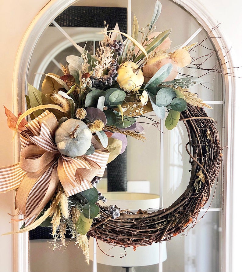Fall Wreath with Pastel Pumpkins and Eucalyptus Welcome Front Door Farmhouse Cottage Gift