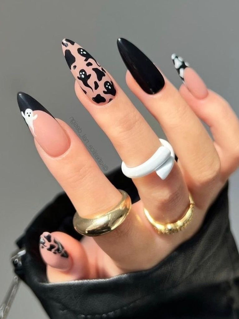 Black French Ghost Halloween Nails