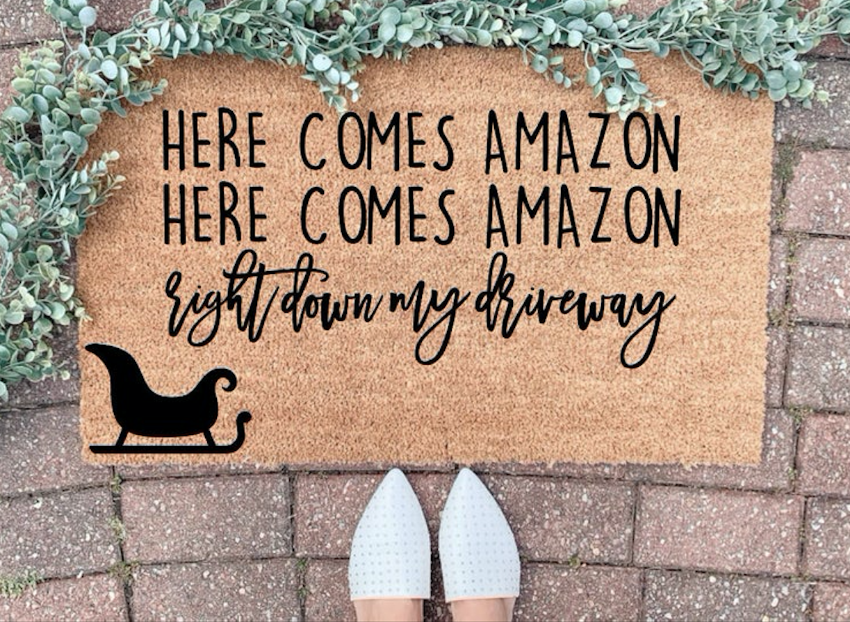 Here Comes Amazon Doormat, Funny Welcome mat, Holiday Door mat, Christmas Decor, Holiday Decoration, Outdoor Decor, Funny Holiday Doormat