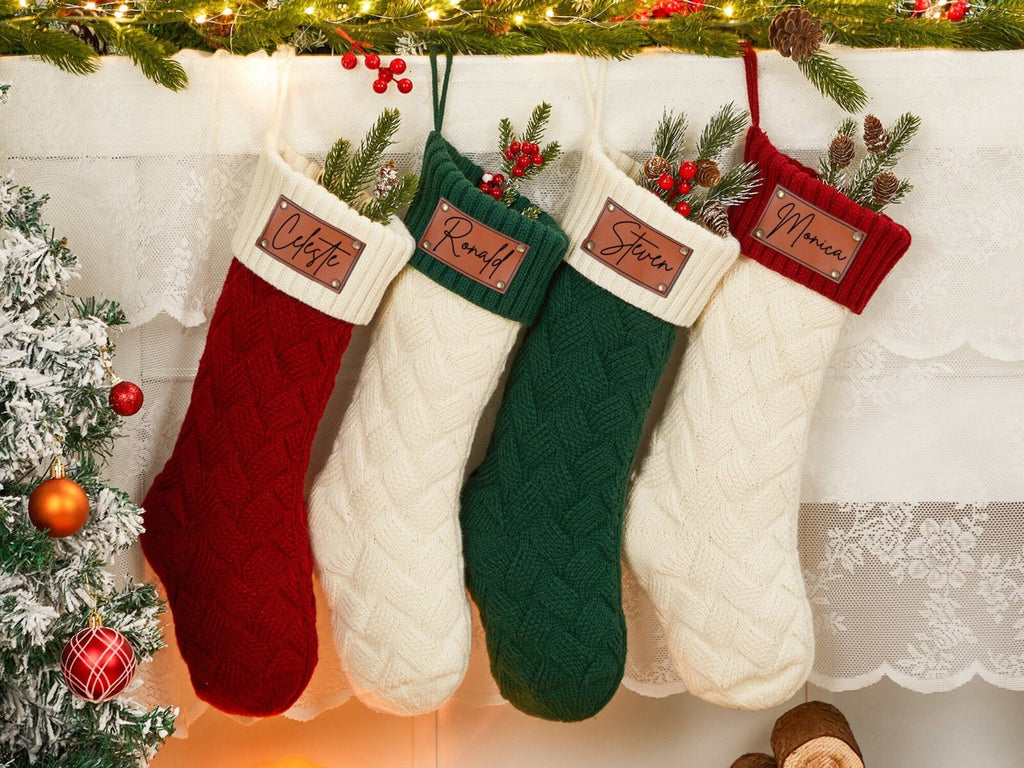 Custom Knit and Leather Christmas Stockings