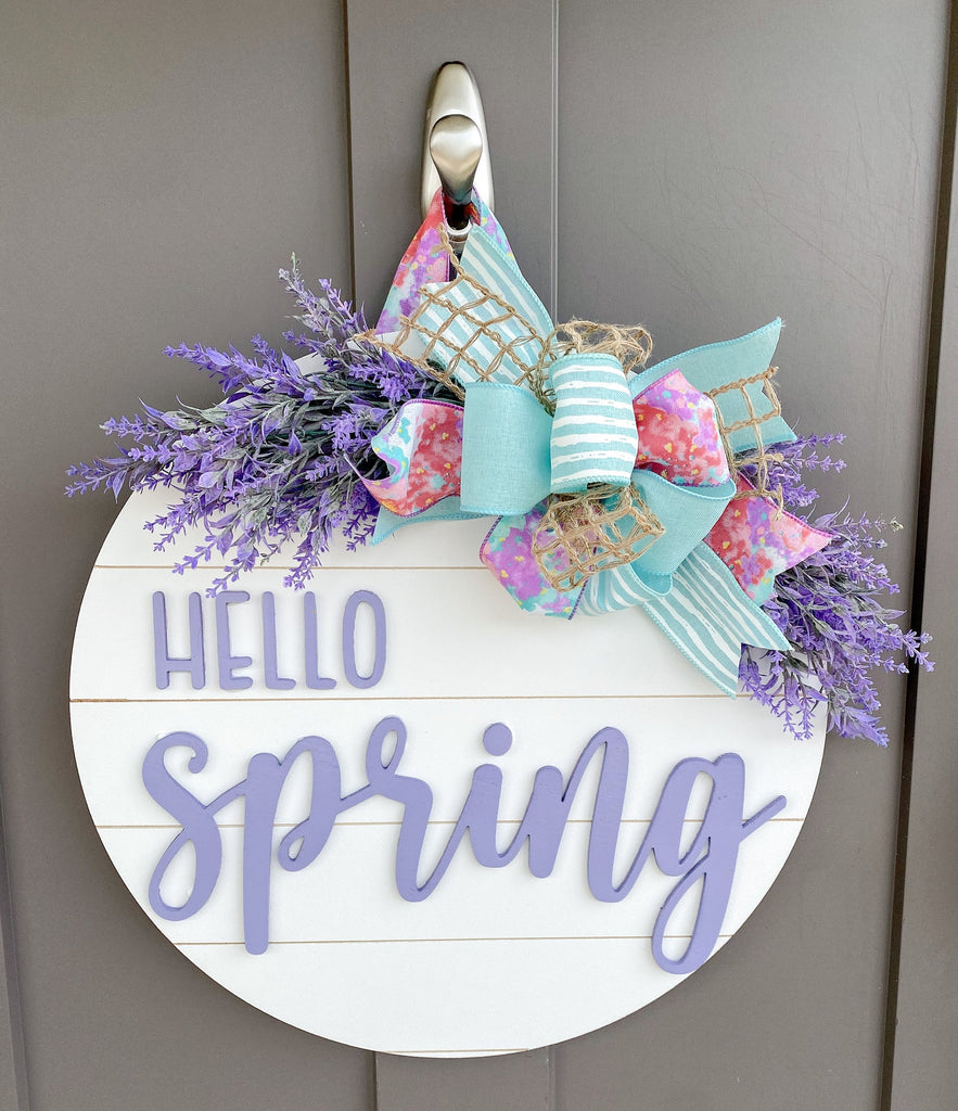 Hello Spring Door Hanger - Lavender Flowers and Wood Letters