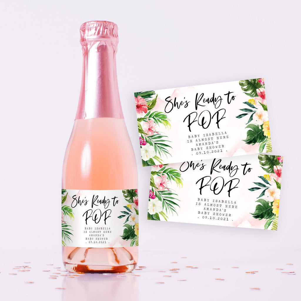 Pop When She Pops Favor Labels - Tropical Baby Shower Champagne Label