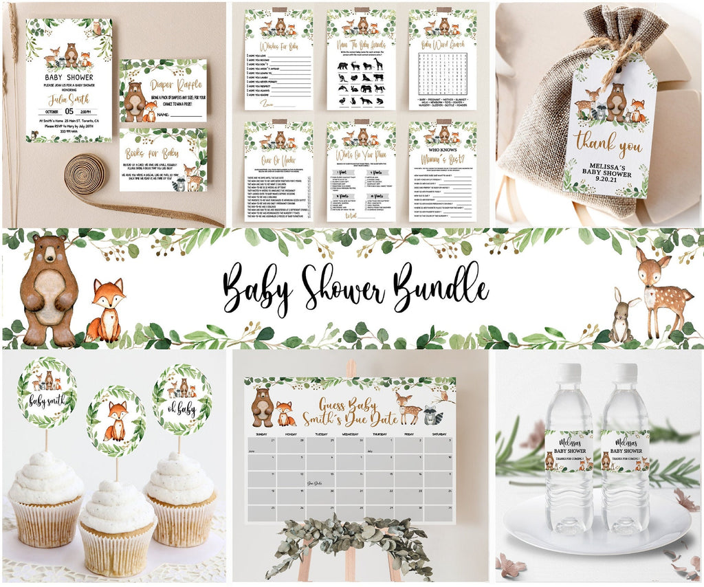 Woodland Baby Shower Editable Printable Bundle 