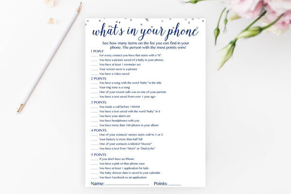 What's In Your Phone - Navy & Grey Confetti Printable - Pretty Collected
