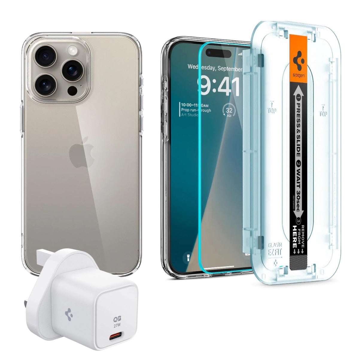 Spigen iPhone 15 Pro Max Pack (Screen protector + Crystal Flex Clear Case +  Spigen 27W charger) - Best prices in the UAE