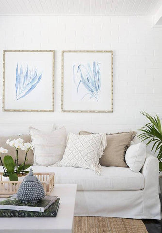 Hampton style bedroom with Coral Wall Art Prints by Kerri Shipp Driftwood Interiors