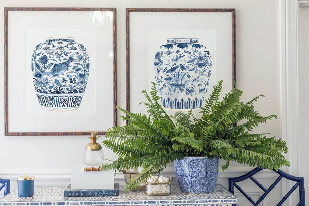 Hampton style Blue and white ginger jar wall art prints over console