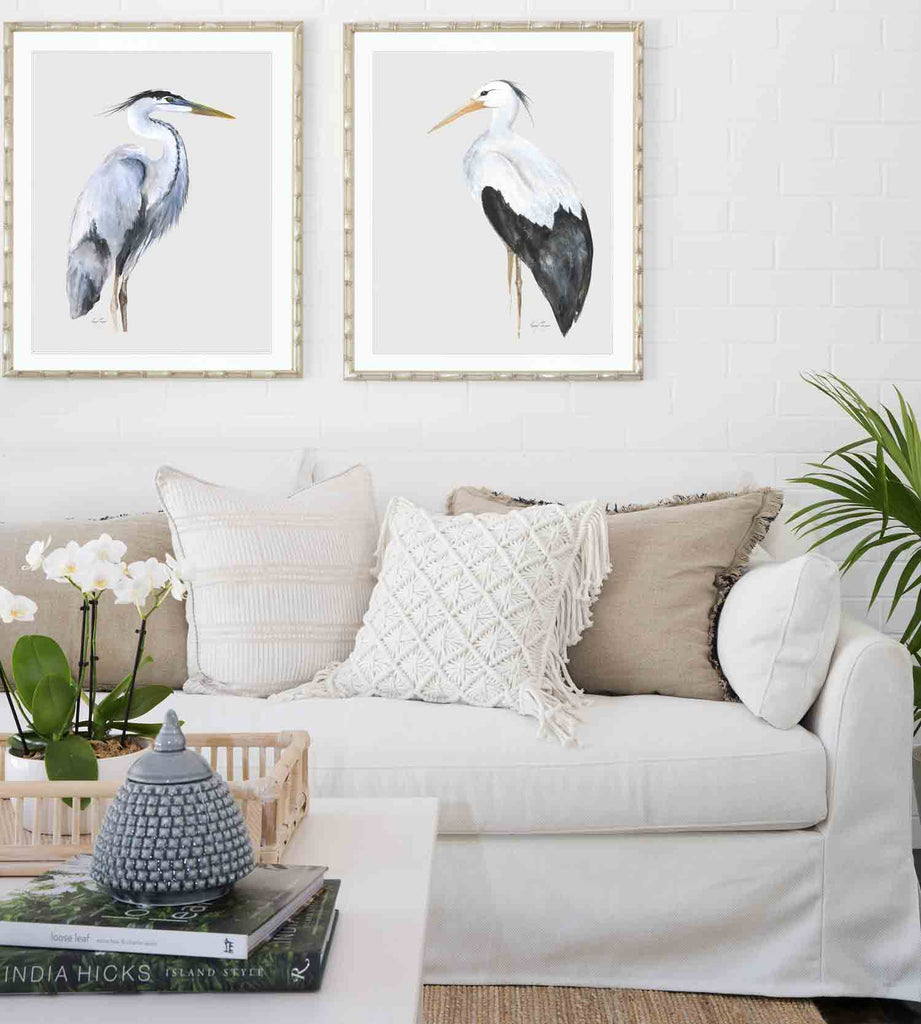 Hampton style Bird Wall Art Prints in Living room by Kerri Shipp Driftwood Interiors