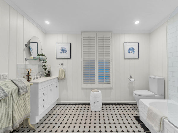 Hampton style bathroom renovation of queenslander by Kerri Shipp Driftwood Interiors