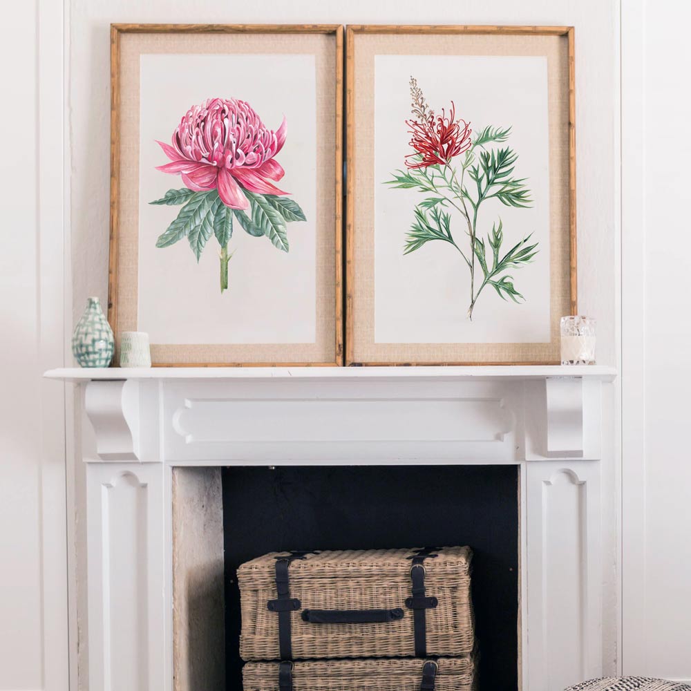 Flower Wall Art Prints timber frames in Hampton Style Bedroom by Kerri Shipp Driftwood Interiors