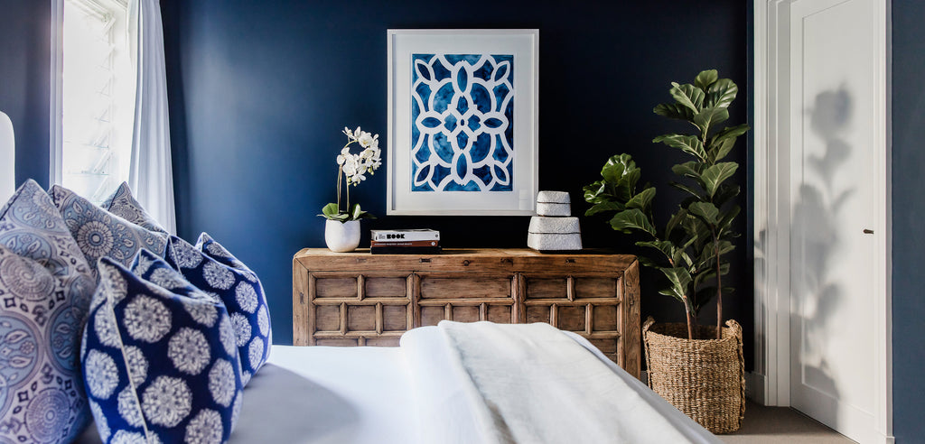 Blue Parterre Garden wall art print in bedroom - Driftwood Interiors