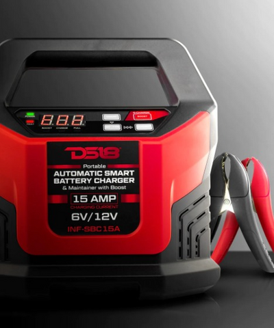 DS18 INF-SBC15A 15 AMP Automatic Smart Battery Charger, Maintainer & Jump Booster - Compatible with Lead-Acid, Wet, Gel, AGM and Lithium (LiFePO4)