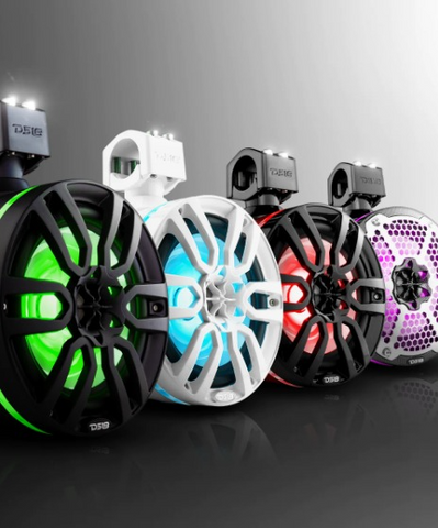 DS18 CF-X8TP 8" Carbon Fiber Marine Tower Speaker Pods with Built-in RGB LED Lights - 125 Watts Rms 4-ohm