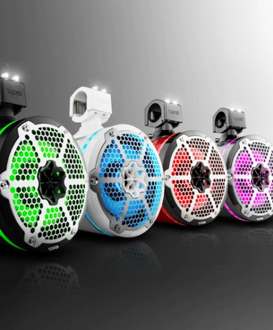 DS18 CF-X8TPNEO 8" Carbon Fiber Neodymium Marine Towers with Built-in RGB LED Lights - 180 Watts Rms 4-ohm