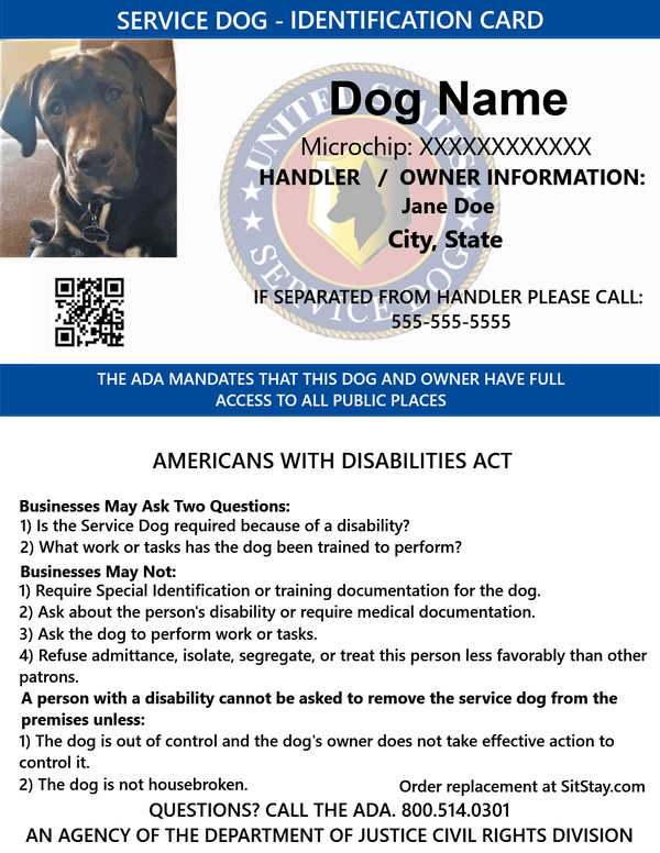 Printable Service Dog Id Card Template Free Download