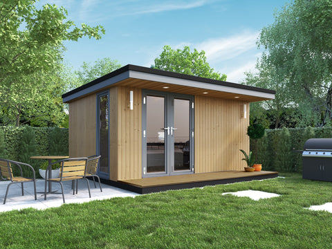 A contemporary insulated garden room office with a front canopy and table and chairs.